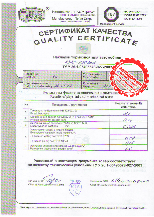 Сертификат на накладку тормозную 4370-3502105 Трибо(Украина)