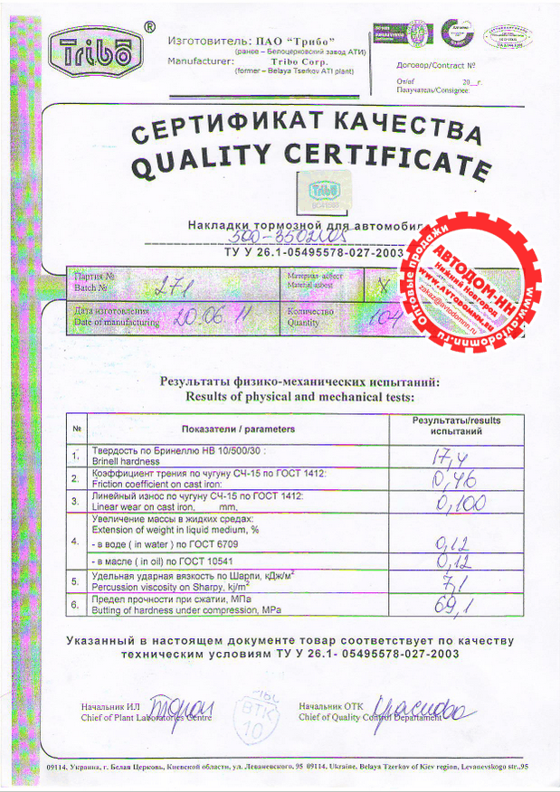 Сертификат на накладку тормозную 500-3502105 Трибо(Украина)