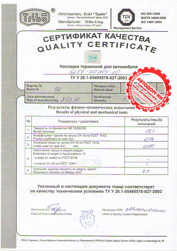 Сертификат на накладку тормозную 5256-3501105 Трибо(Украина)