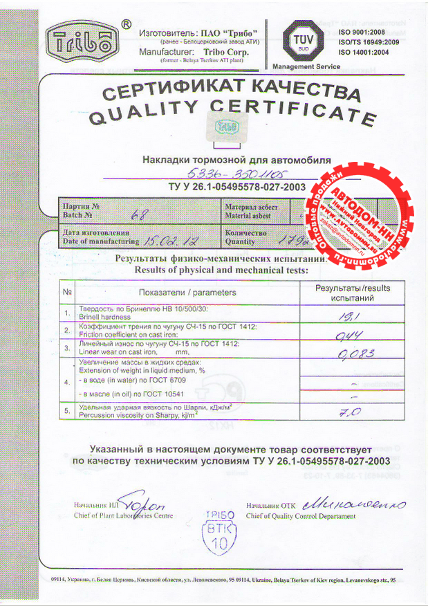 Сертификат на накладку тормозную 5336-3501105 Трибо(Украина)