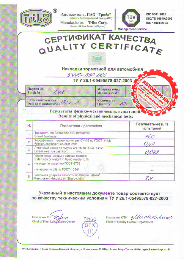 Сертификат на накладку тормозную 5440-3501105 Трибо(Украина)