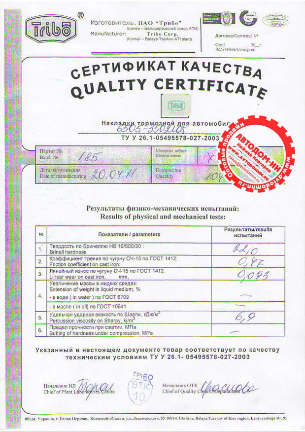 Сертификат на накладку тормозную 6505-3502105 Трибо(Украина)