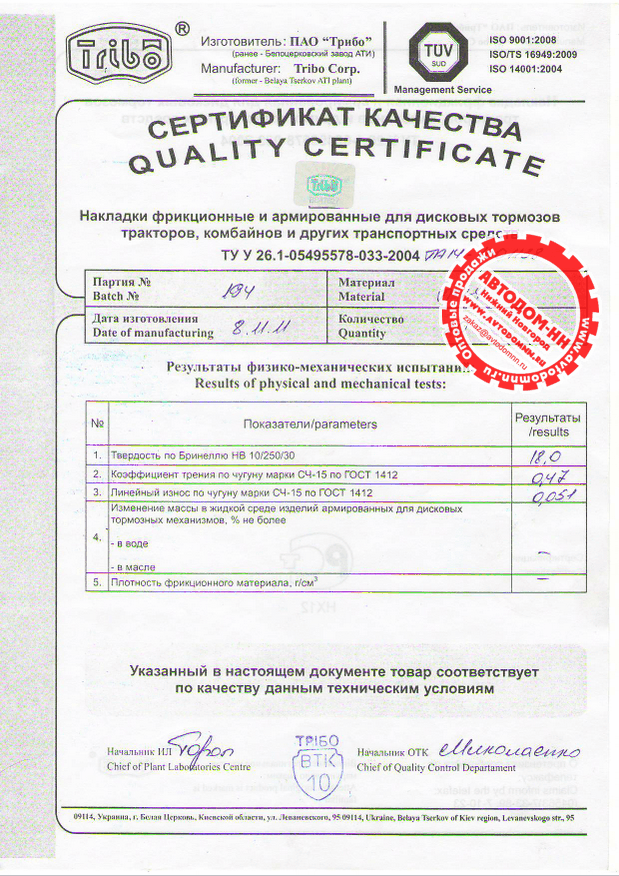 Сертификат на накладку тормозную ta14-1601138 Трибо(Украина)